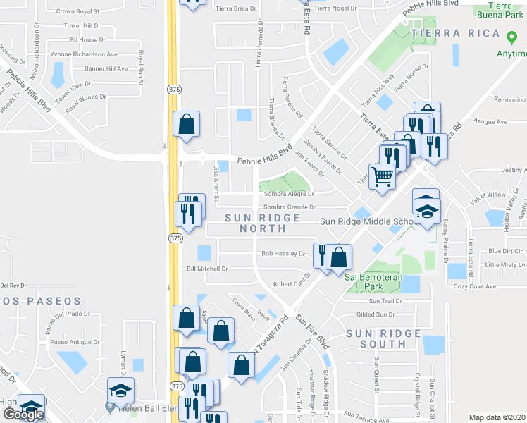map of restaurants, bars, coffee shops, grocery stores, and more near 12400 Sombra Grande Drive in El Paso