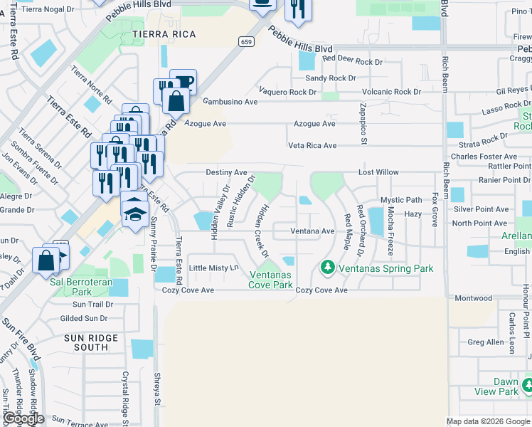 map of restaurants, bars, coffee shops, grocery stores, and more near 3156 Hidden Creek Drive in El Paso