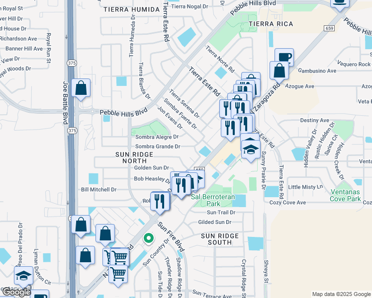 map of restaurants, bars, coffee shops, grocery stores, and more near 12480 Sombra Grande Drive in El Paso
