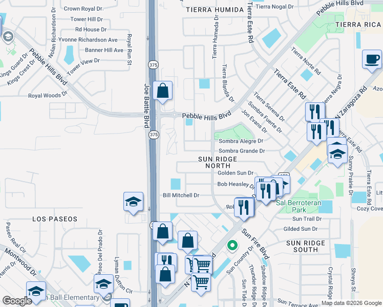 map of restaurants, bars, coffee shops, grocery stores, and more near 12256 Red Sun Drive in El Paso