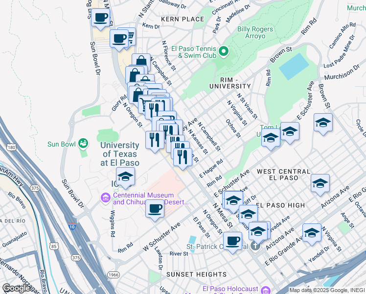 map of restaurants, bars, coffee shops, grocery stores, and more near 2021 North Stanton Street in El Paso
