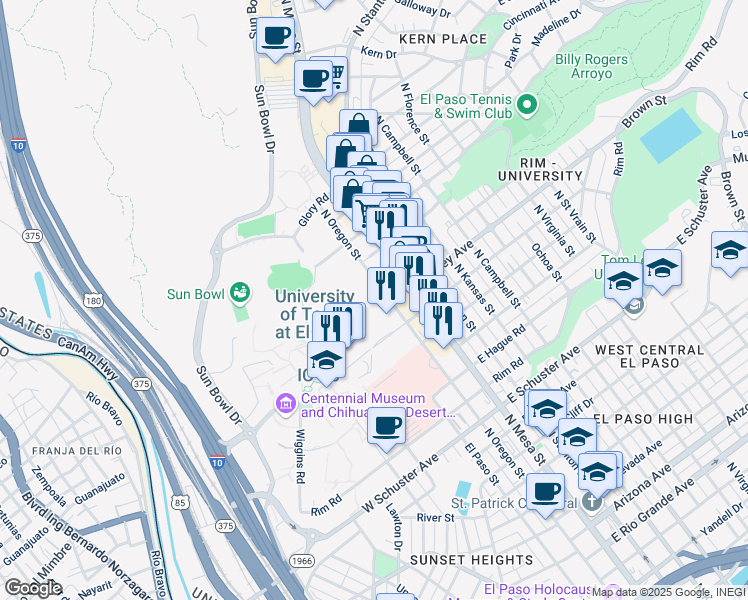 map of restaurants, bars, coffee shops, grocery stores, and more near 111 West University Avenue in El Paso