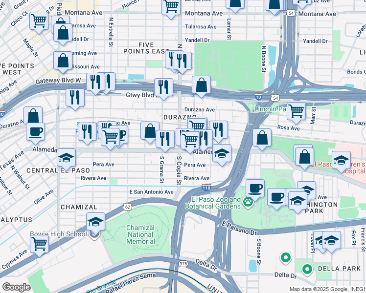 map of restaurants, bars, coffee shops, grocery stores, and more near 3604 Alameda Avenue in El Paso