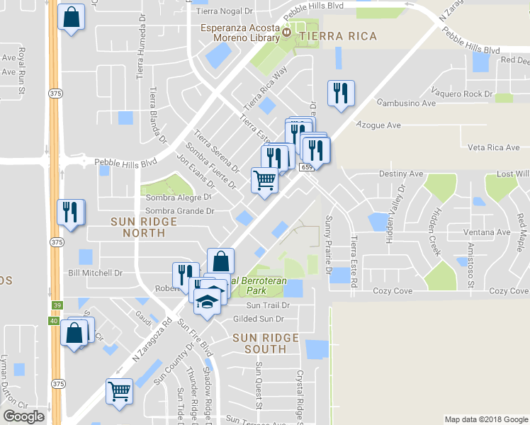 map of restaurants, bars, coffee shops, grocery stores, and more near 2231 North Zaragoza Road in El Paso