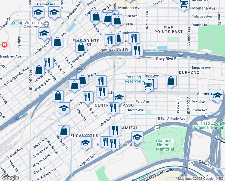 map of restaurants, bars, coffee shops, grocery stores, and more near 2331 A Bassett Avenue in El Paso