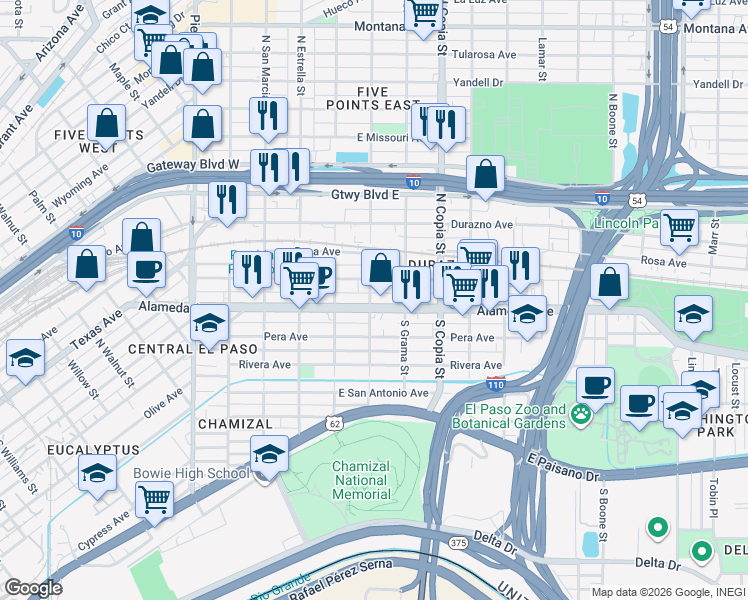 map of restaurants, bars, coffee shops, grocery stores, and more near 3401 Alameda Avenue in El Paso