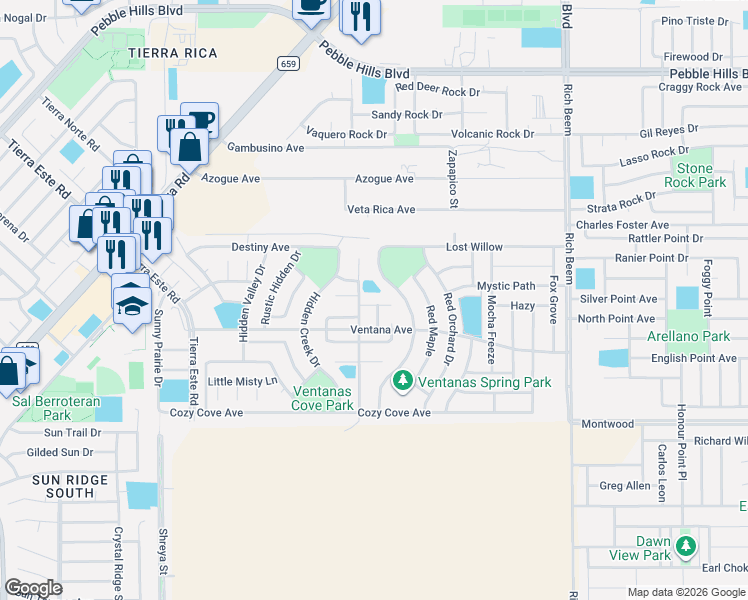 map of restaurants, bars, coffee shops, grocery stores, and more near 3207 Spring Willow in El Paso
