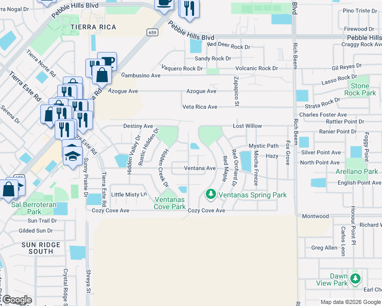 map of restaurants, bars, coffee shops, grocery stores, and more near 3207 Spring Willow in El Paso