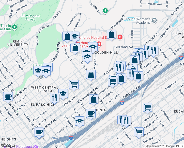 map of restaurants, bars, coffee shops, grocery stores, and more near 1416 East California Avenue in El Paso