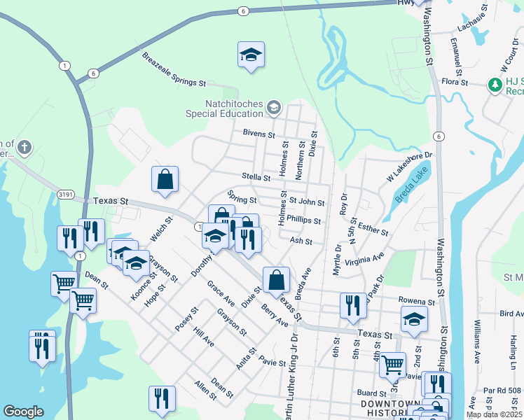 map of restaurants, bars, coffee shops, grocery stores, and more near 1526 Spring Street in Natchitoches