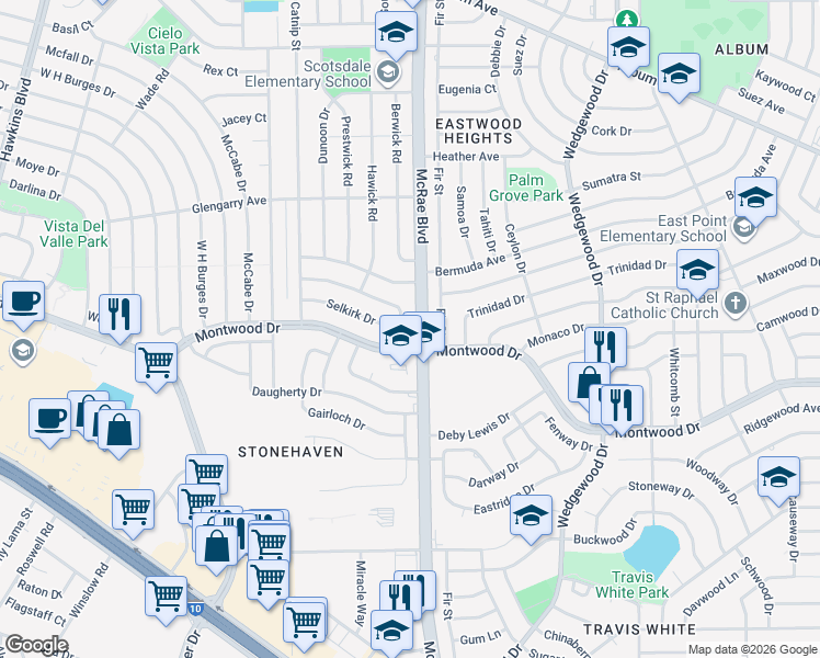map of restaurants, bars, coffee shops, grocery stores, and more near 9633 Mcintosh Drive in El Paso