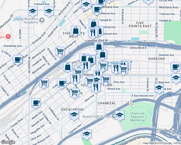 map of restaurants, bars, coffee shops, grocery stores, and more near 2414 Texas Avenue in El Paso
