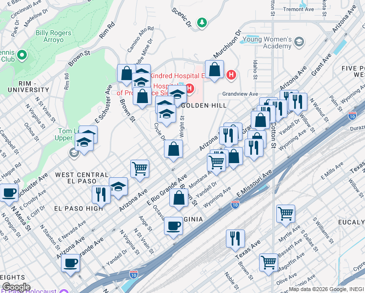 map of restaurants, bars, coffee shops, grocery stores, and more near 1416 East California Avenue in El Paso