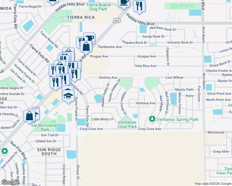 map of restaurants, bars, coffee shops, grocery stores, and more near 3167 Rustic Hidden Drive in El Paso