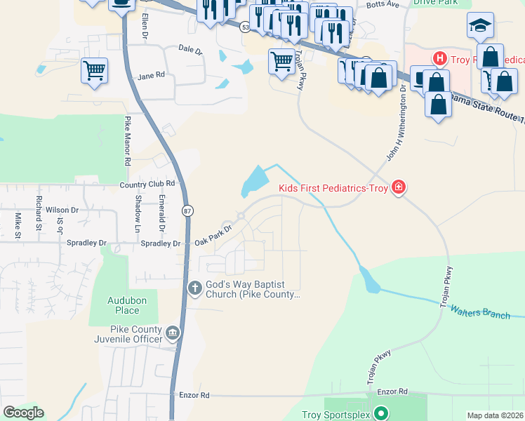map of restaurants, bars, coffee shops, grocery stores, and more near Oak Park Drive in Troy