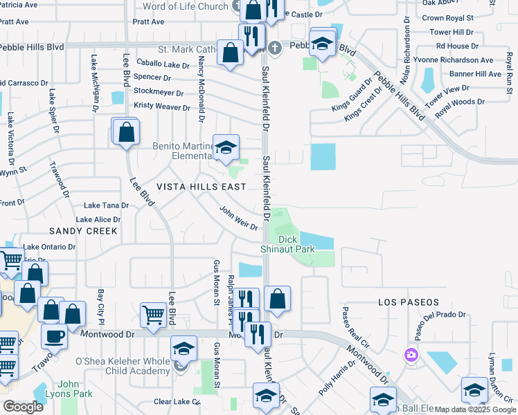 map of restaurants, bars, coffee shops, grocery stores, and more near 2204 Jackie Place in El Paso