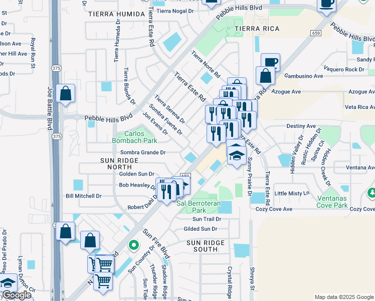 map of restaurants, bars, coffee shops, grocery stores, and more near 12521 Jon Evans Drive in El Paso