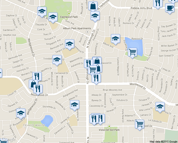 map of restaurants, bars, coffee shops, grocery stores, and more near 2220 North Yarbrough Drive in El Paso