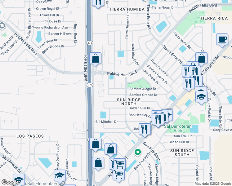 map of restaurants, bars, coffee shops, grocery stores, and more near 12314 Sombra Alegre Drive in El Paso