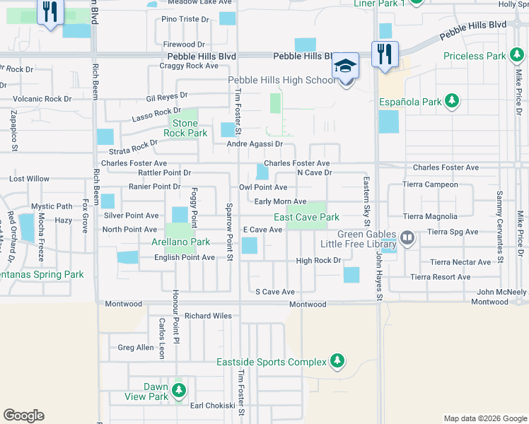 map of restaurants, bars, coffee shops, grocery stores, and more near 14306 Early Morn Avenue in El Paso