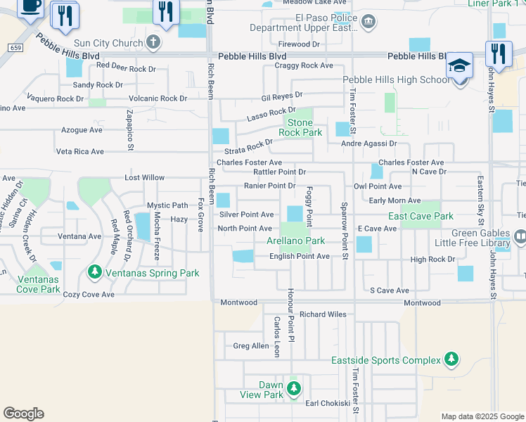 map of restaurants, bars, coffee shops, grocery stores, and more near 14226 Otter Point Court in El Paso