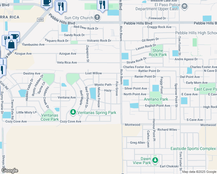 map of restaurants, bars, coffee shops, grocery stores, and more near 13161 Mystic Path in El Paso