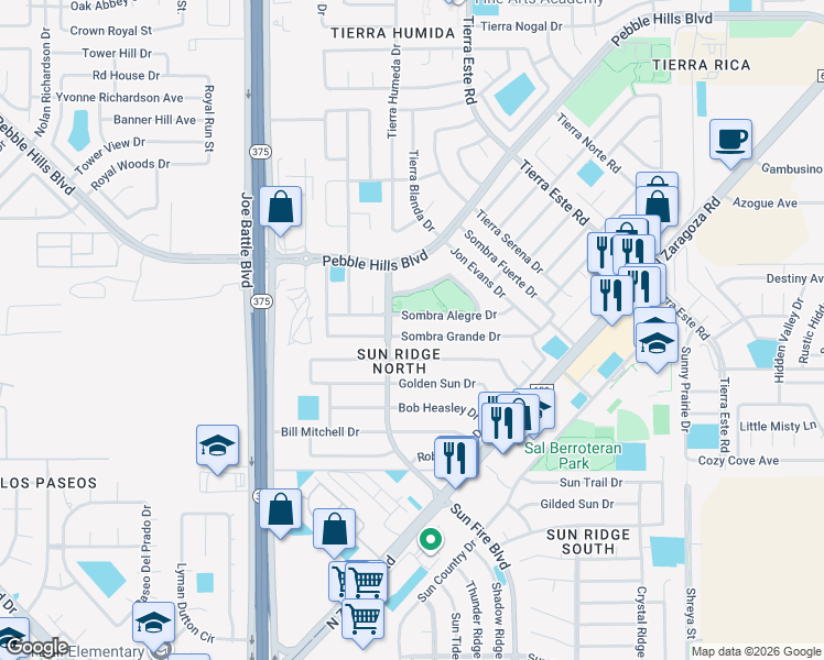 map of restaurants, bars, coffee shops, grocery stores, and more near 12414 Sombra Alegre Drive in El Paso