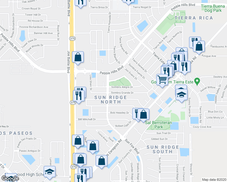map of restaurants, bars, coffee shops, grocery stores, and more near 12414 Sombra Alegre Drive in El Paso