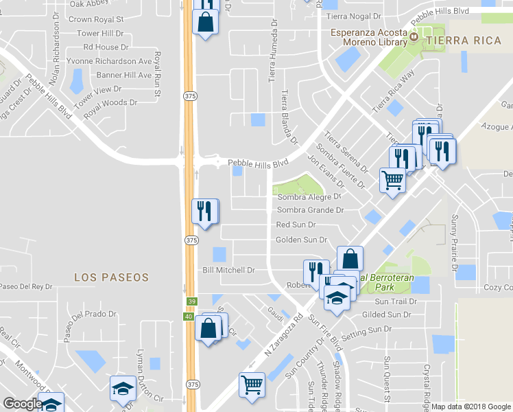 map of restaurants, bars, coffee shops, grocery stores, and more near 12332 Sombra Alegre Drive in El Paso