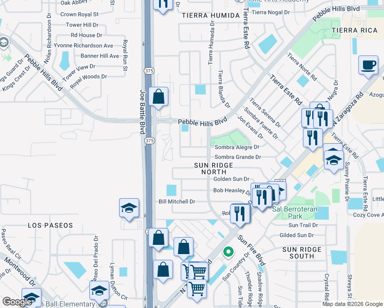 map of restaurants, bars, coffee shops, grocery stores, and more near 12314 Sombra Alegre Drive in El Paso