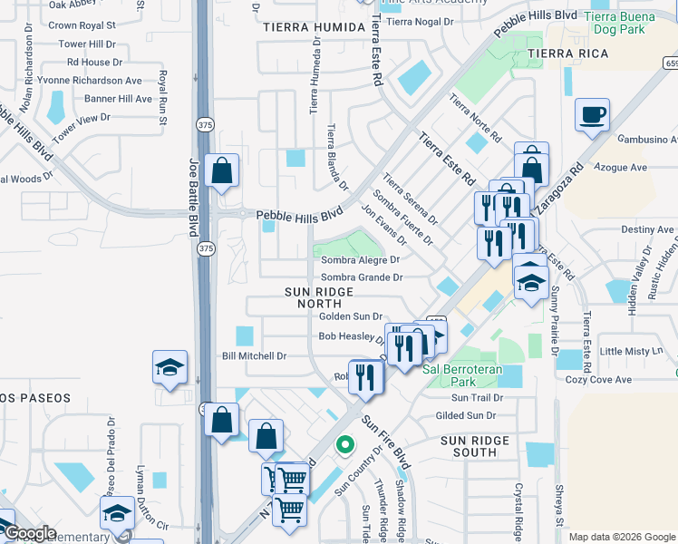 map of restaurants, bars, coffee shops, grocery stores, and more near 12414 Sombra Alegre Drive in El Paso