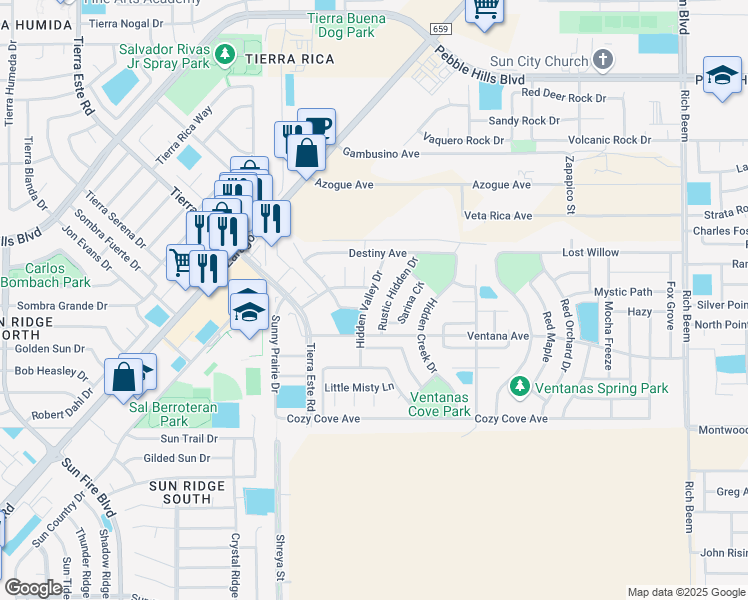 map of restaurants, bars, coffee shops, grocery stores, and more near 3160 Hidden Valley Drive in El Paso