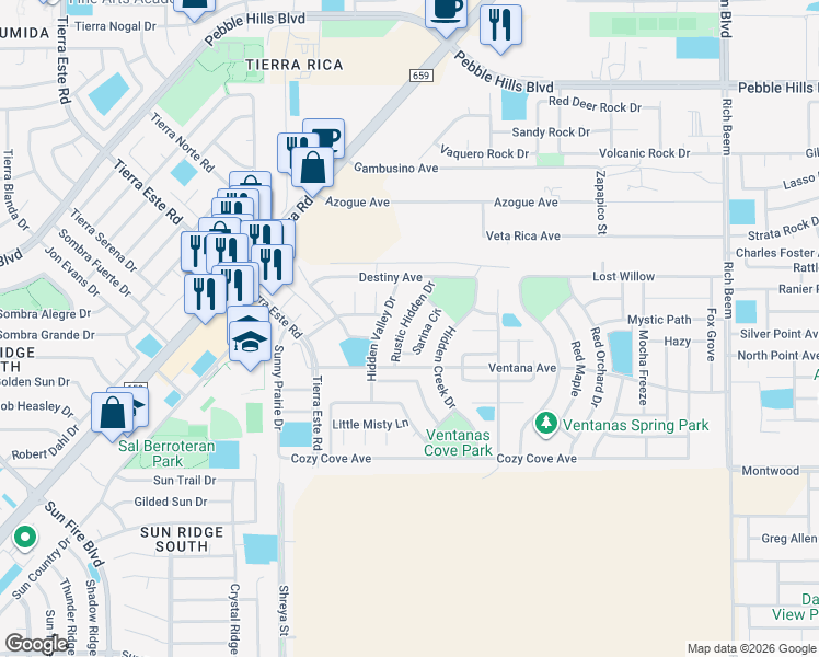 map of restaurants, bars, coffee shops, grocery stores, and more near 3160 Rustic Hidden Drive in El Paso