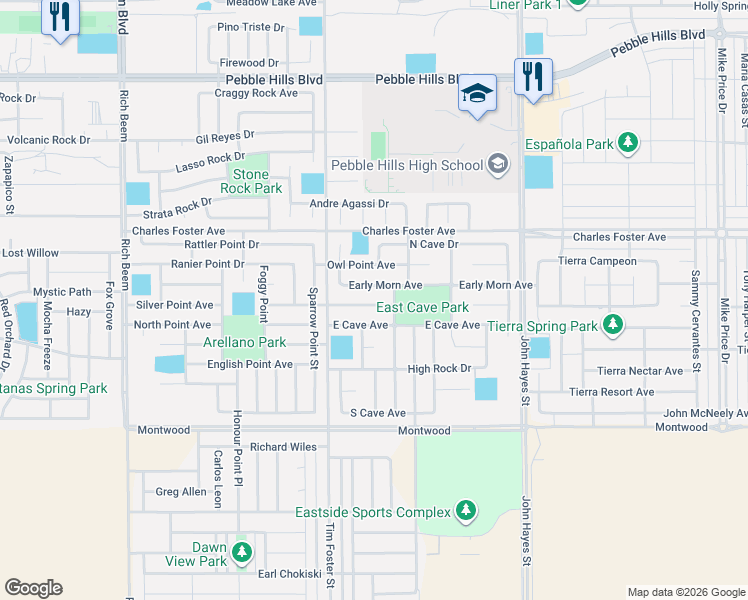 map of restaurants, bars, coffee shops, grocery stores, and more near 14326 Early Morn Avenue in El Paso