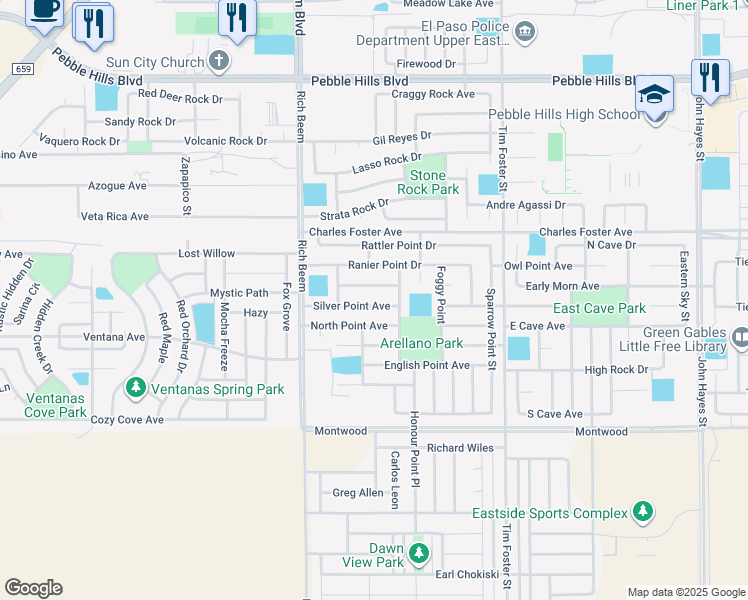 map of restaurants, bars, coffee shops, grocery stores, and more near 14226 Otter Point Court in El Paso