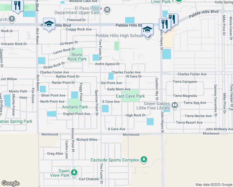 map of restaurants, bars, coffee shops, grocery stores, and more near 14326 Early Morn Avenue in El Paso