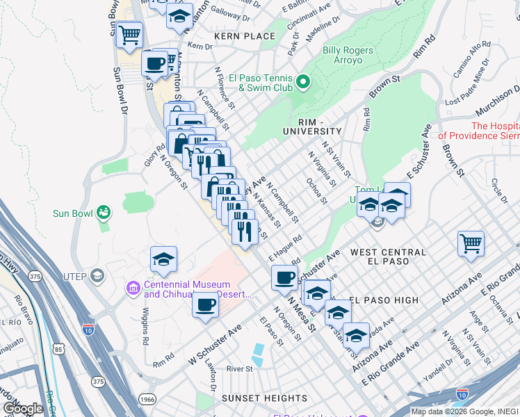 map of restaurants, bars, coffee shops, grocery stores, and more near 2115 North Kansas Street in El Paso