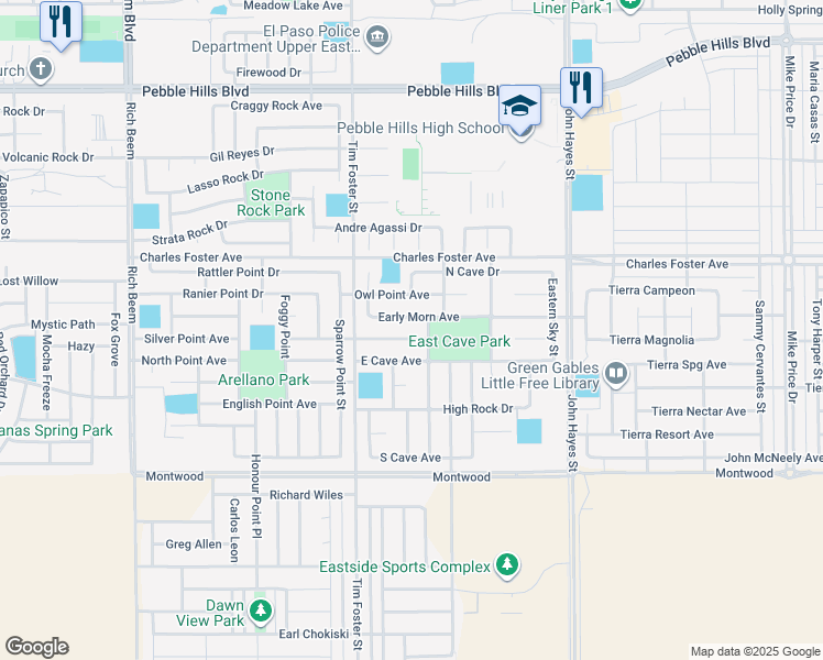 map of restaurants, bars, coffee shops, grocery stores, and more near 14326 Early Morn Avenue in El Paso