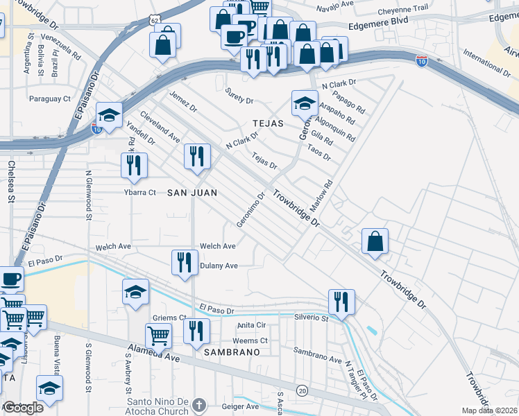 map of restaurants, bars, coffee shops, grocery stores, and more near 6201 Cleveland Avenue in El Paso
