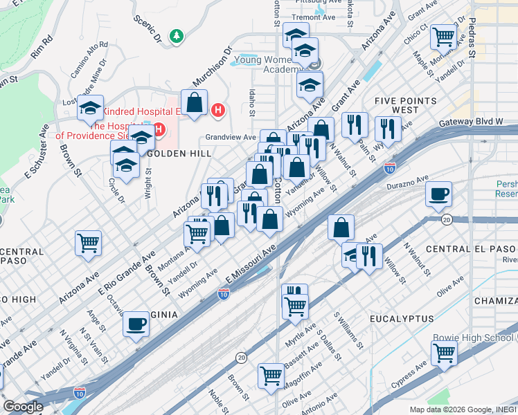 map of restaurants, bars, coffee shops, grocery stores, and more near 1808 Montana Avenue in El Paso