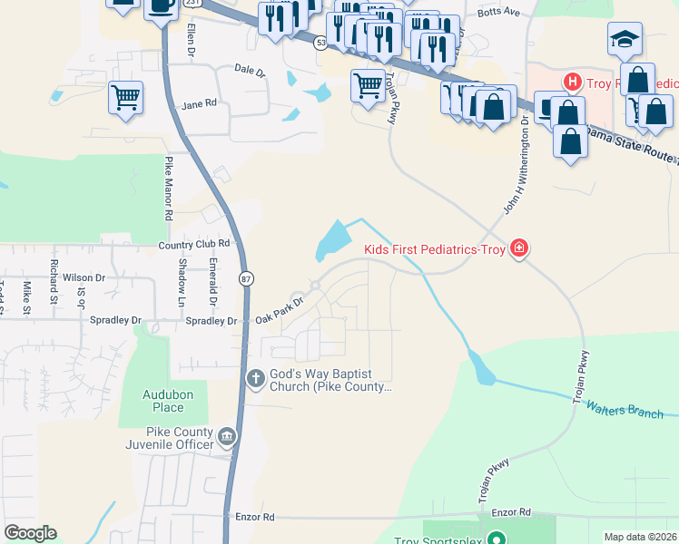 map of restaurants, bars, coffee shops, grocery stores, and more near 207 Oak Park Drive in Troy