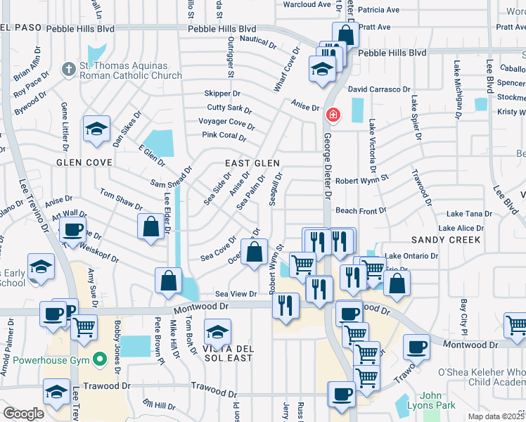 map of restaurants, bars, coffee shops, grocery stores, and more near 2227 Oceanside Drive in El Paso