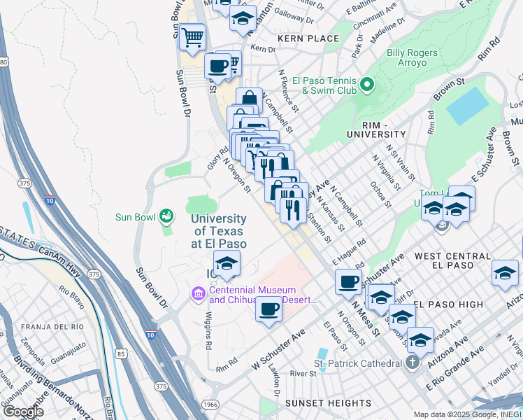 map of restaurants, bars, coffee shops, grocery stores, and more near 2311 North Mesa Street in El Paso