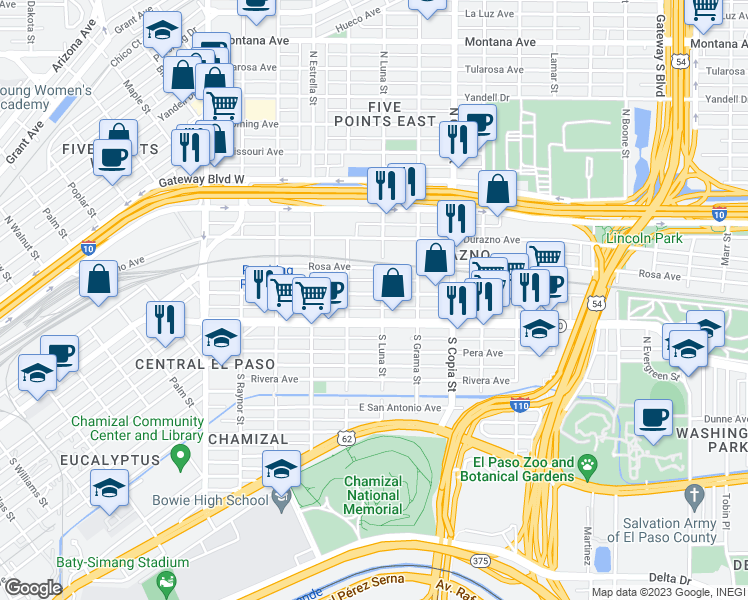 map of restaurants, bars, coffee shops, grocery stores, and more near 3324 Frutas Avenue in El Paso