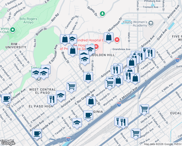 map of restaurants, bars, coffee shops, grocery stores, and more near 1416 East California Avenue in El Paso