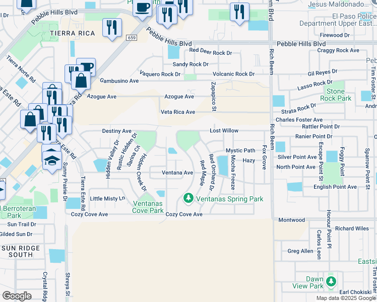 map of restaurants, bars, coffee shops, grocery stores, and more near 3199 Red Maple in El Paso