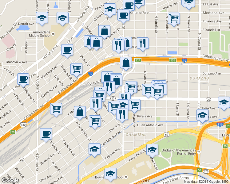 map of restaurants, bars, coffee shops, grocery stores, and more near 2414 Texas Avenue in El Paso