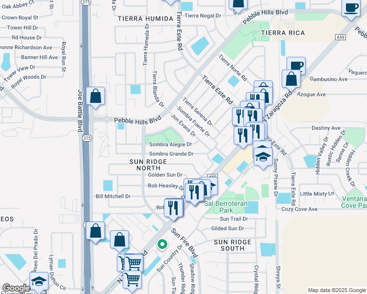 map of restaurants, bars, coffee shops, grocery stores, and more near 12432 Sombra Alegre Drive in El Paso