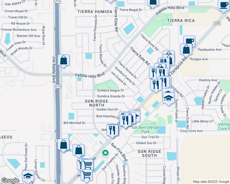 map of restaurants, bars, coffee shops, grocery stores, and more near 12432 Sombra Alegre Dr in El Paso