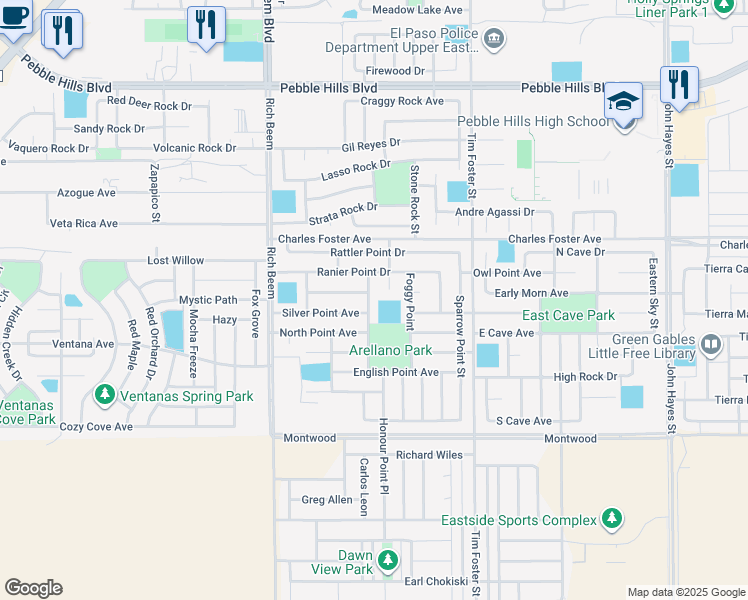 map of restaurants, bars, coffee shops, grocery stores, and more near 2412 Escape Point Street in El Paso